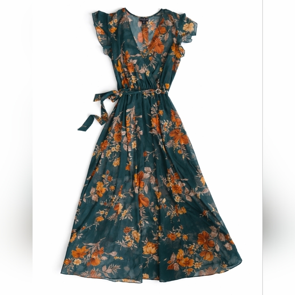 Alexa B Nites chiffon green orange floral flutter sleeve maxi dress 12P